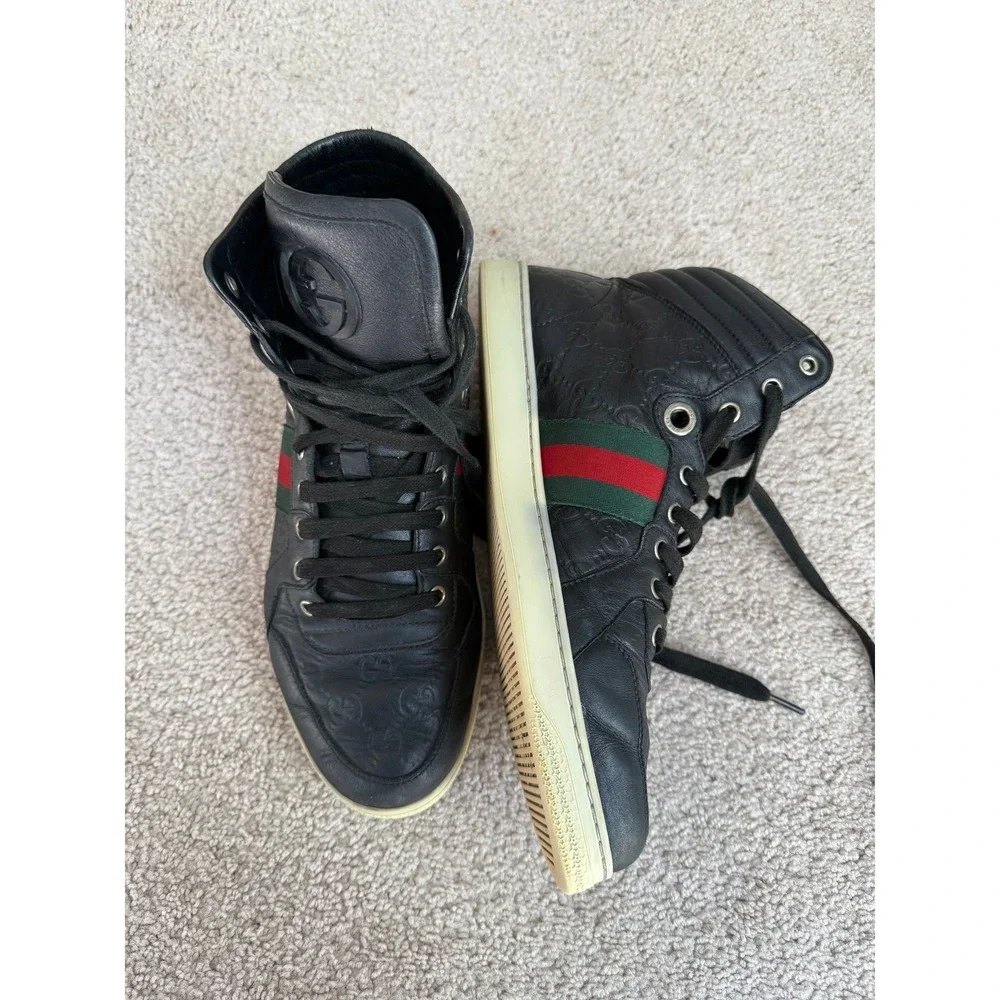 Gucci Mens Black Guccissima Leather High Top Web Stripe Sneakers 8.5G Luxury